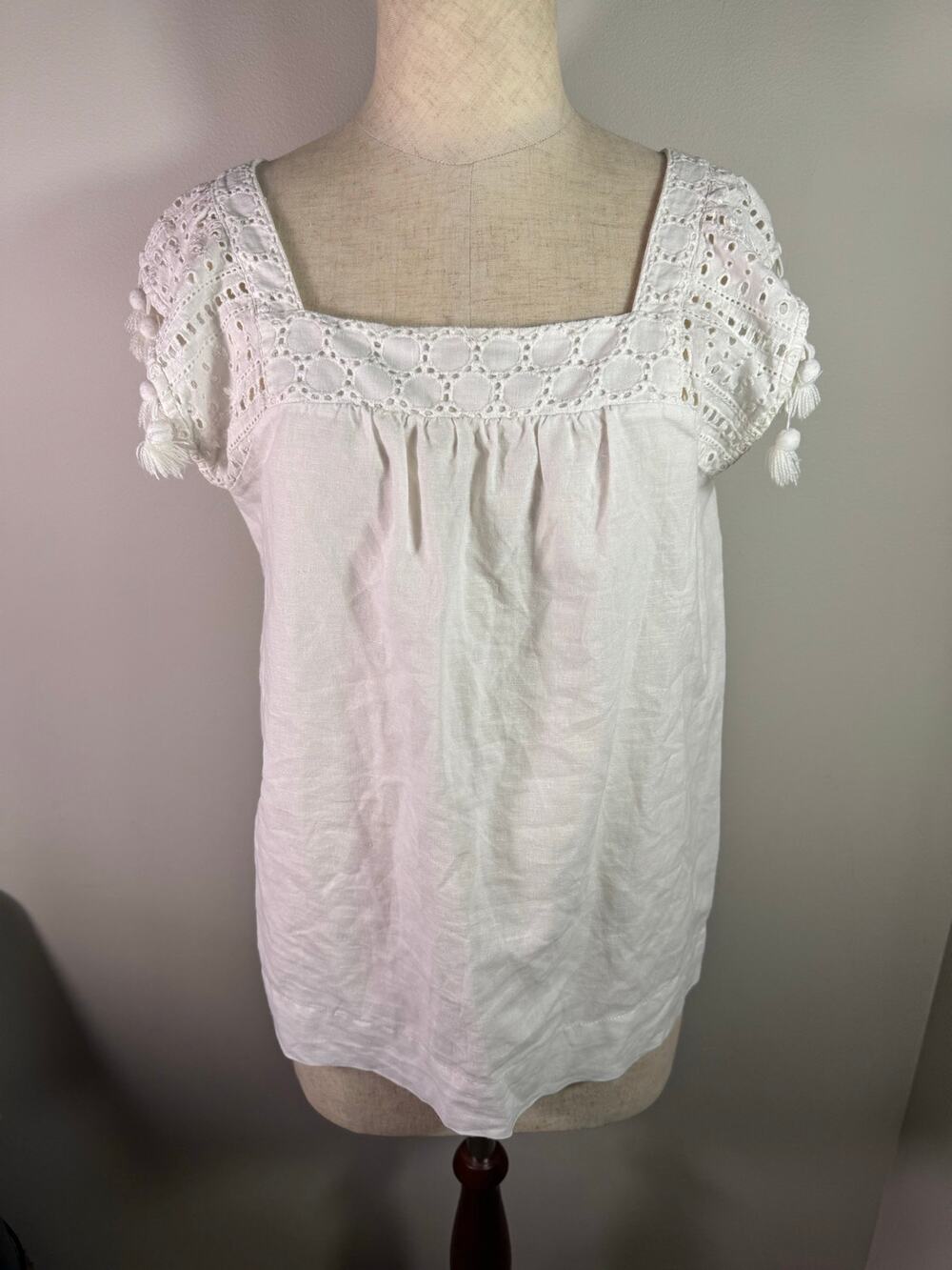 J McLaughlin White Boho Linen Cotton Tassel Tank Top Size Small